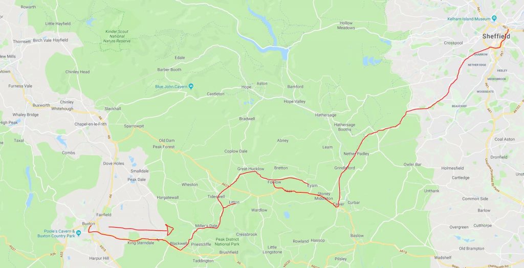 Map Of The 65 Bus Route From Buxton To Sheffield