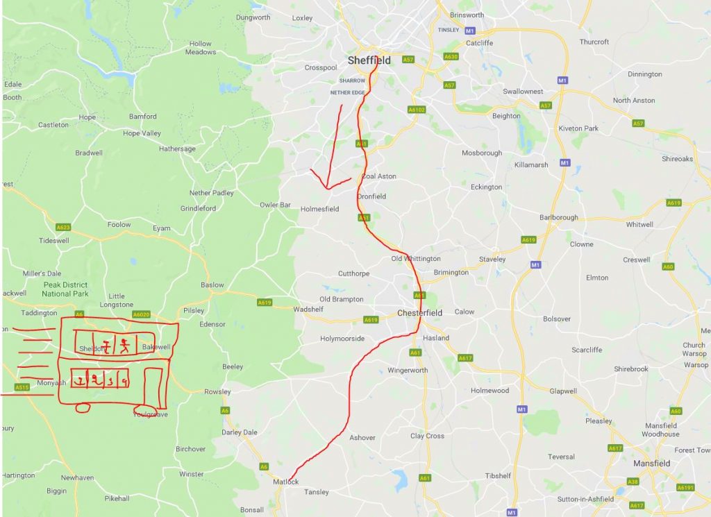 X17 Bus Map, Sheffield to Matlock