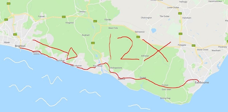 Map of the 12X Bus Route from Brighton to Eastbourne