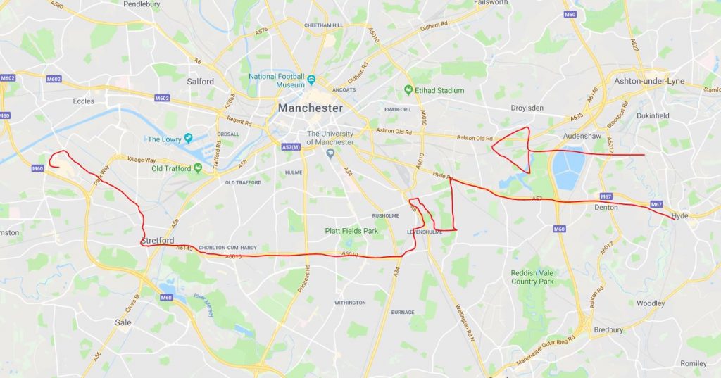 150 Bus Route Map, Hyde to the Trafford Centre