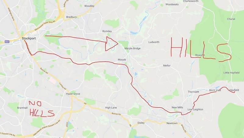 Bus Route Map of the 358 bus from Stockport to Hayfield