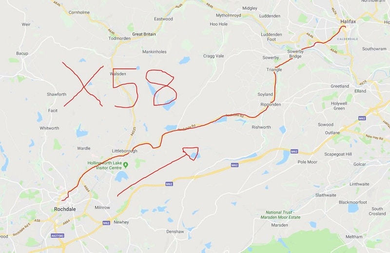 Bus Route Map of the X58 bus from Rochdale to Halifax, via Ripponden and Sowerby Bridge.