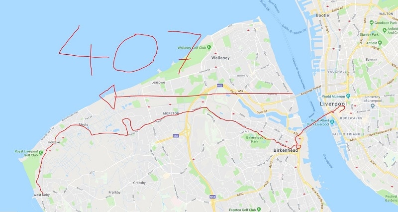 407 Bus Route Map, from Liverpool to West Kirby