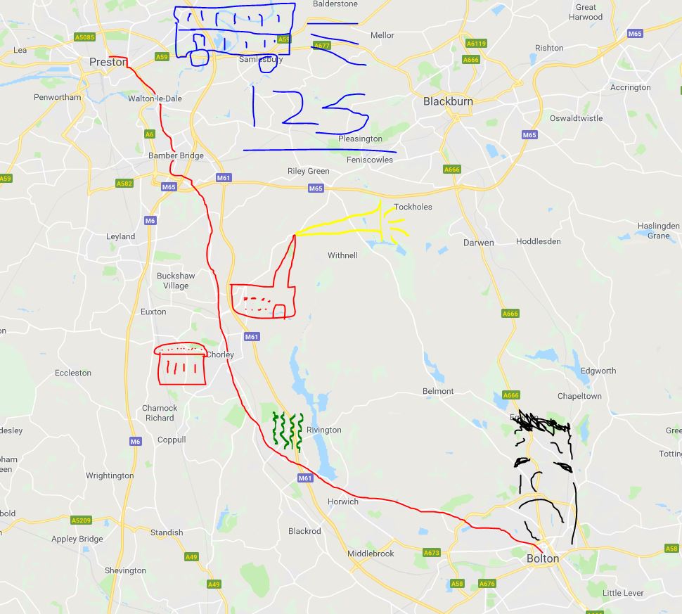 125 Bus Route Map, Bolton to Preston.