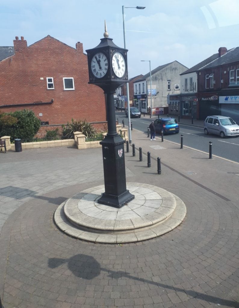 Golborne Clock. 15/4/19, taken by me from the top deck of the #10 bus from Wigan to Leigh.