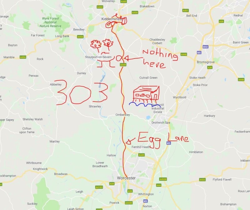 303 Bus Route Map, From Kidderminster to Worcester. That thing with the eyes was originally means to be a couple of dandelions.