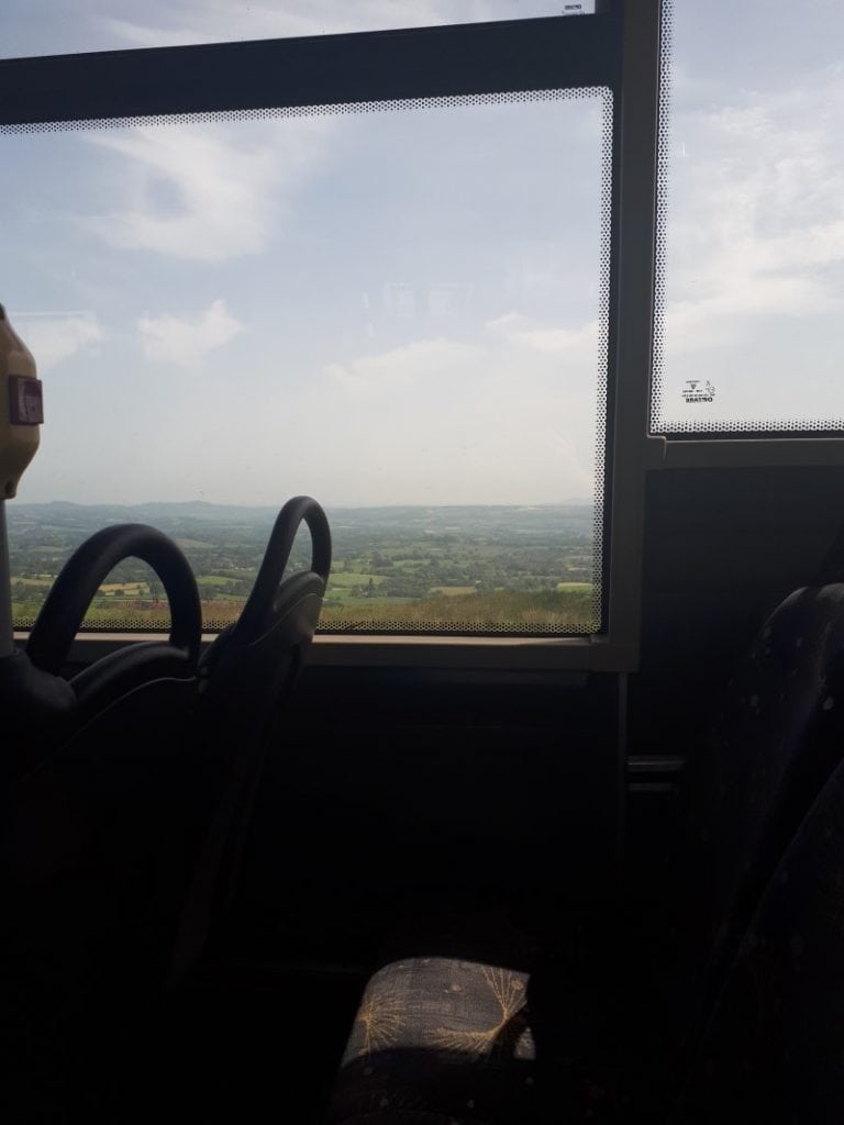 View from the wrong side of the bus on Clee Hill, Shropshire. 28/6/19 on the 292 from Ludlow to Kidderminster.