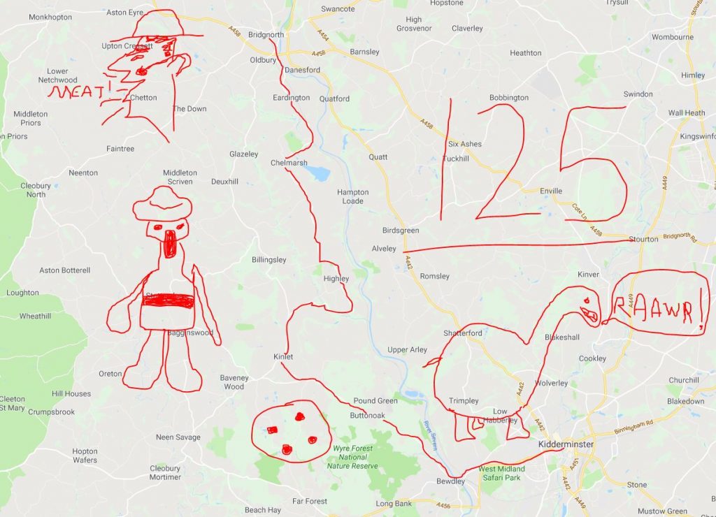 125 Bus Route from Kidderminster to Bridgnorth. Featuring a big dinosaur, Button Moon (& Mr, Spoon), and a shouty butcher.
