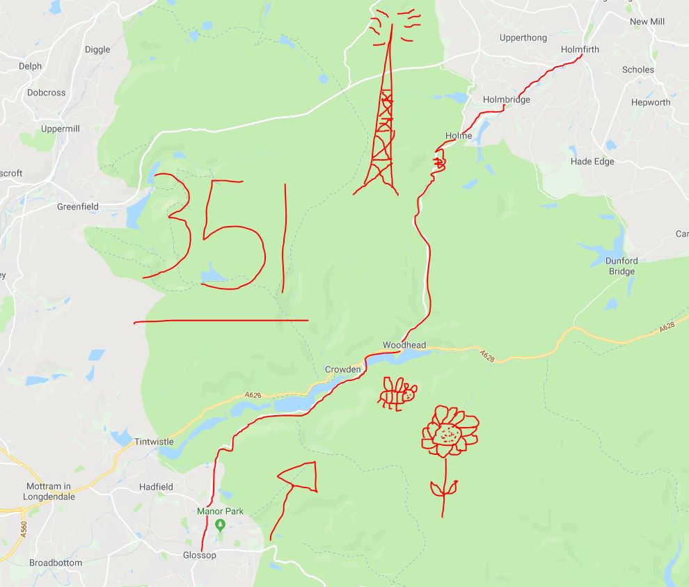 351 Bus Route Map. Glossop to Holmfirth by South Pennine Community Transport.