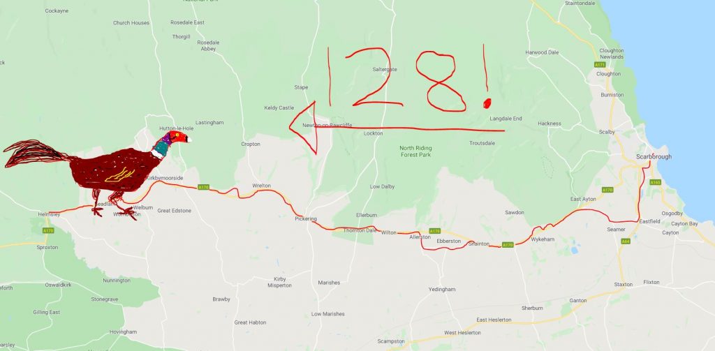 Map of the 128 bus route from Scarborough to Helmsley. 100% the pheasant capital of the world.