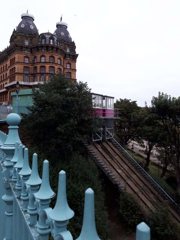 Former cliff lift at the side of Scarborough's Grand Hotel, October 2019. Now converted to St Nicholas Cafe.