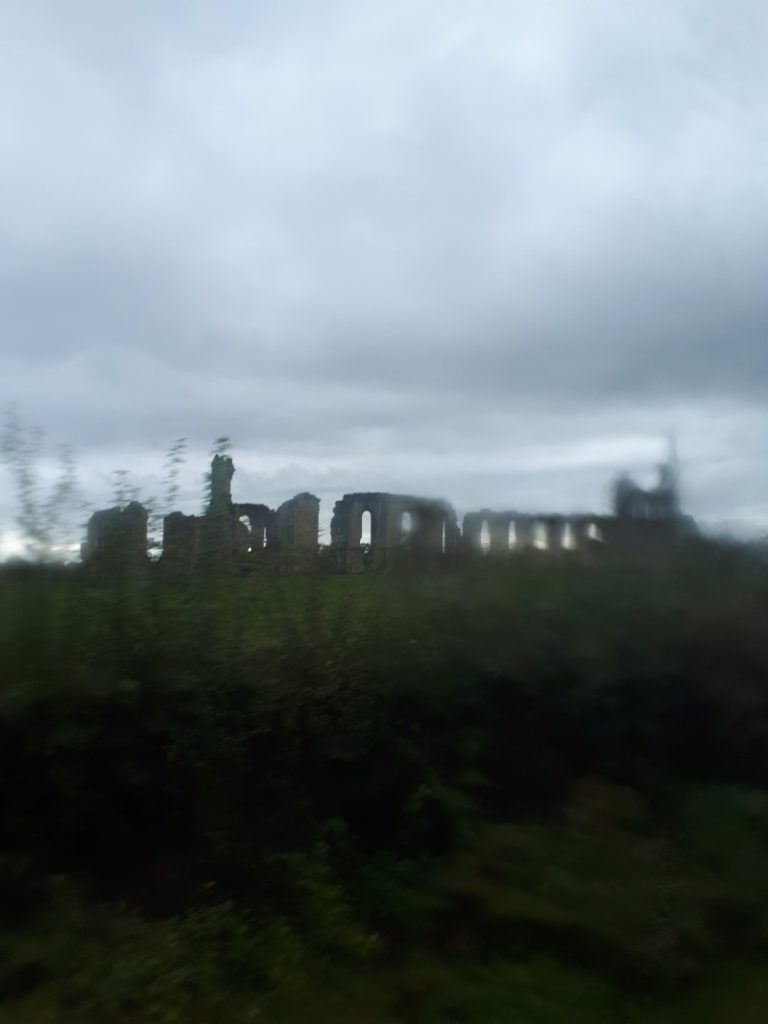 Fuzzy picture of Byland Abbey ruins from the 31x bus from Helmsley to York.