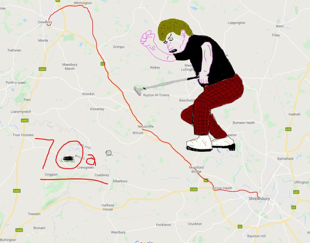 70a Bus Route Map. Shrewsbury to Oswestry, featuring Ian Woosnam.
