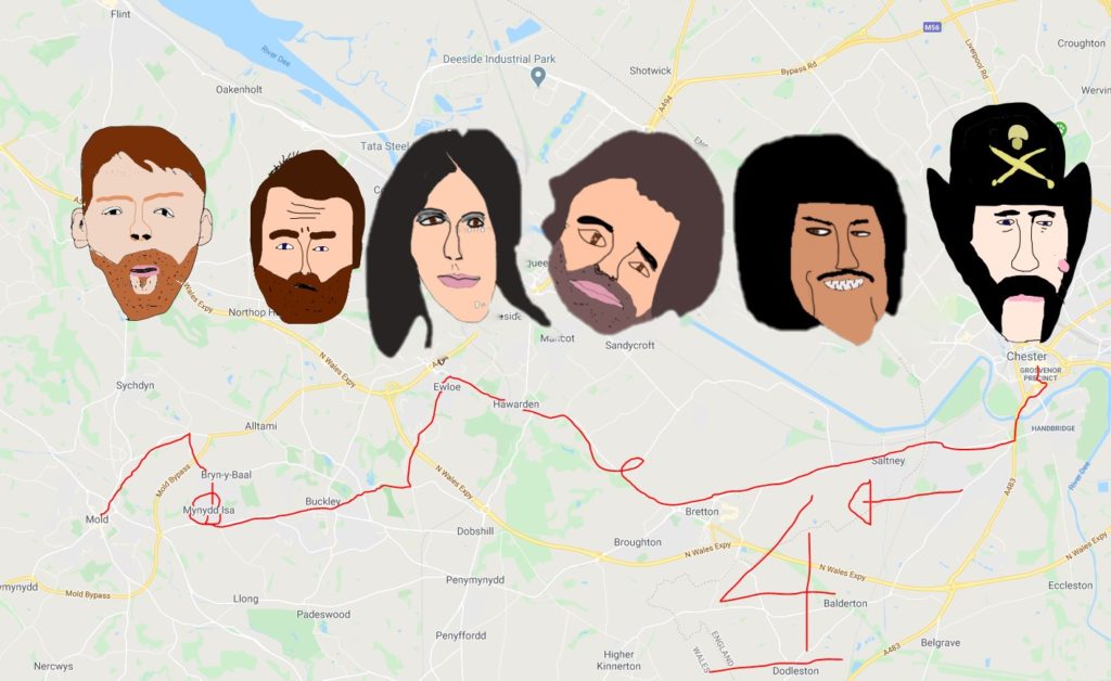 A map of the number 4 bus from Chester to Mold. Complete with nightmarish visions of rock stars who have played at The Tivoli in Buckley.