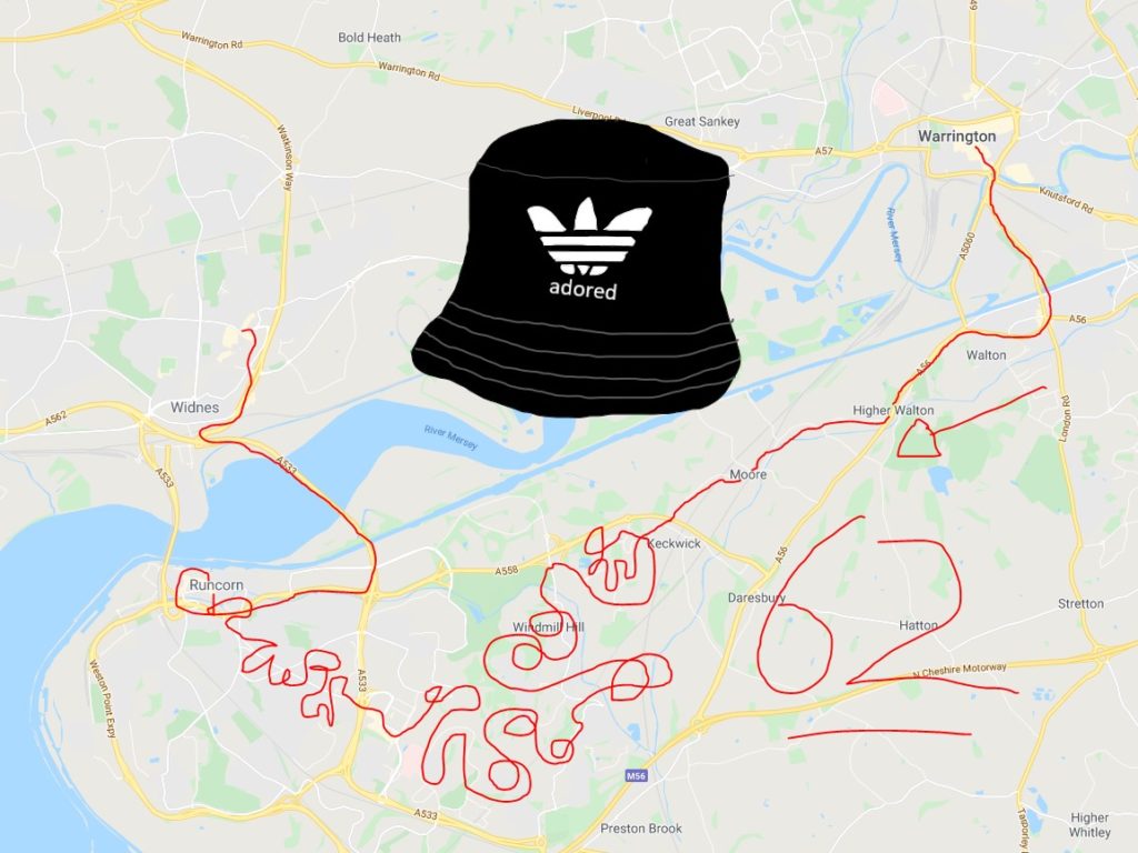 62 bus route map from Warrington to Widnes. Featuring a gigantic Stone Roses bucket hat.