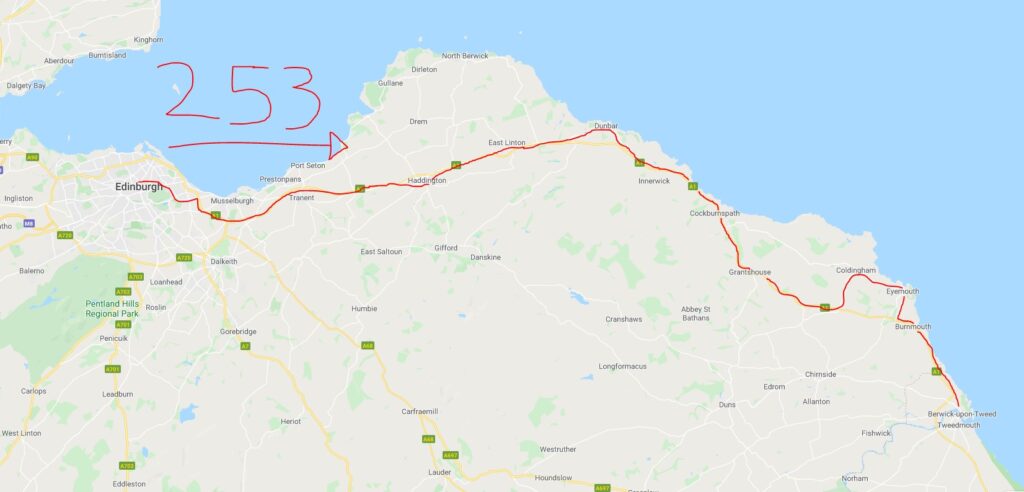 253 Bus Route Map, from Edinburgh to Berwick