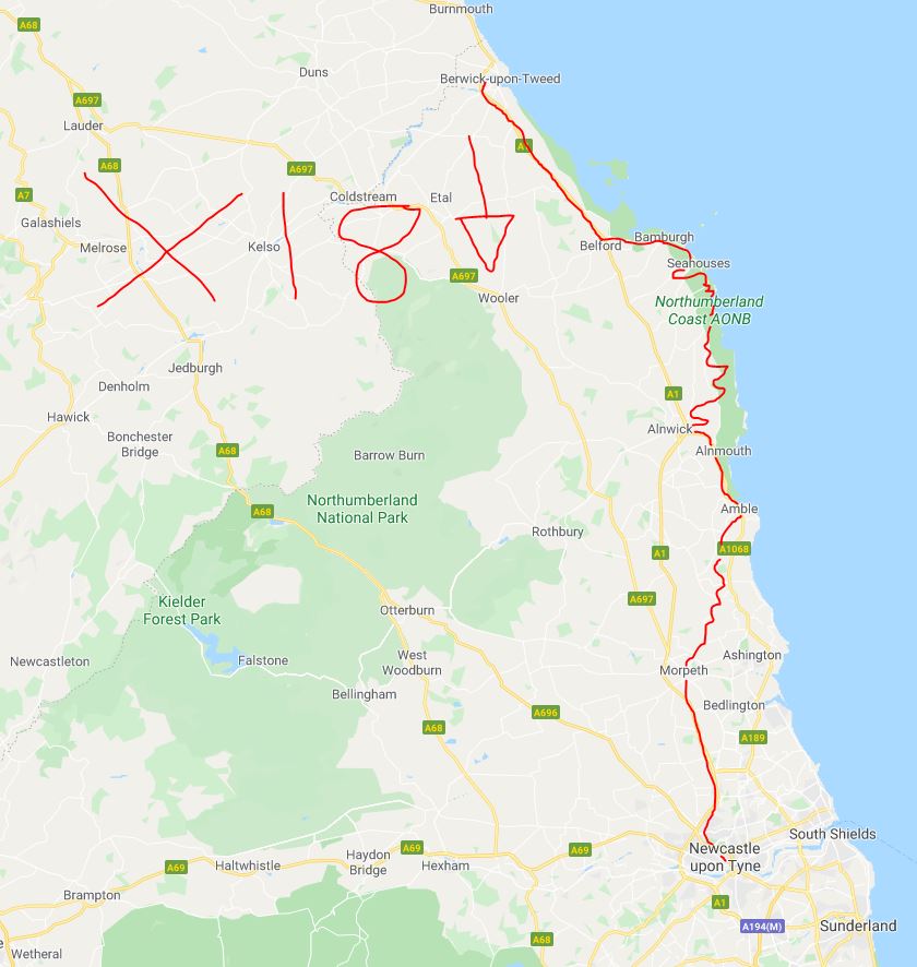 X18, Berwick to Newcastle bus route map.