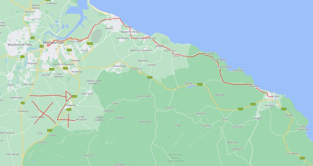 X4 Bus Route Map. Middlesbrough to Whitby via Saltburn.