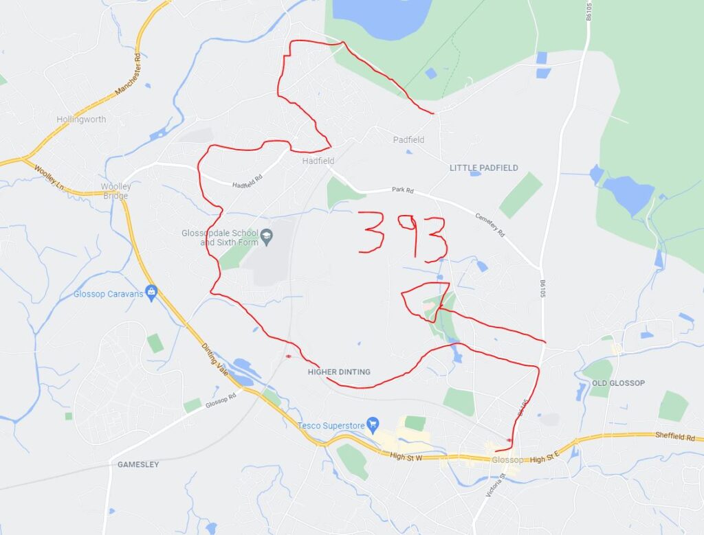 Totally accurate map of the 393 High Peak bus from Glossop to Hadfield.