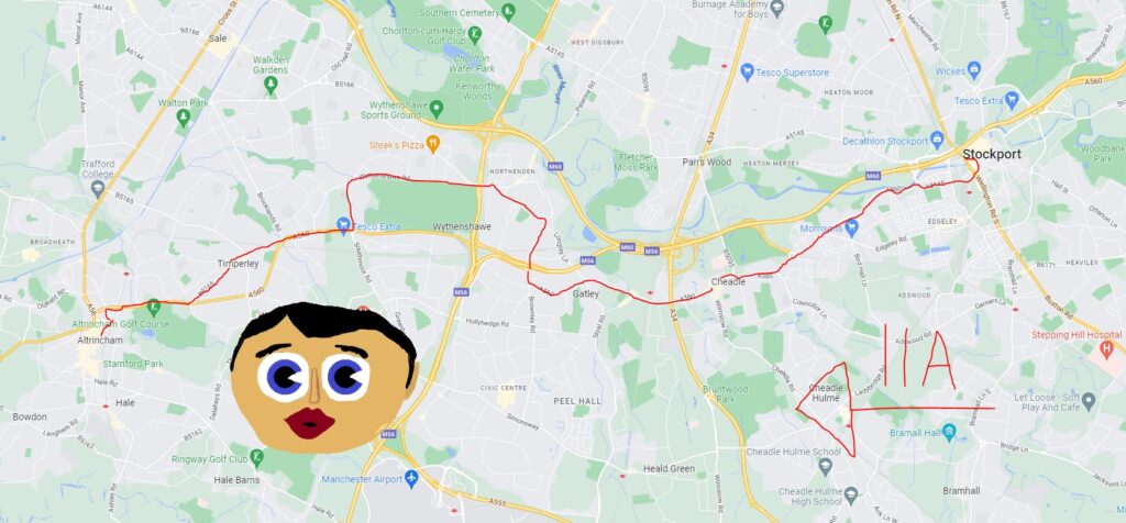 Bus Route Map of the 11A bus between Stockport and Altrincham. Features a nightmarish drawing of Frank Sidebottom's head.