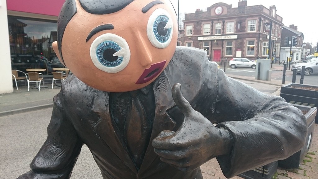 Frank Sidebottom Statue in the middle of Timperley. You know it is, it really is.

Hat tip to https://www.flickr.com/photos/dullhunk/25670832164 for the image.