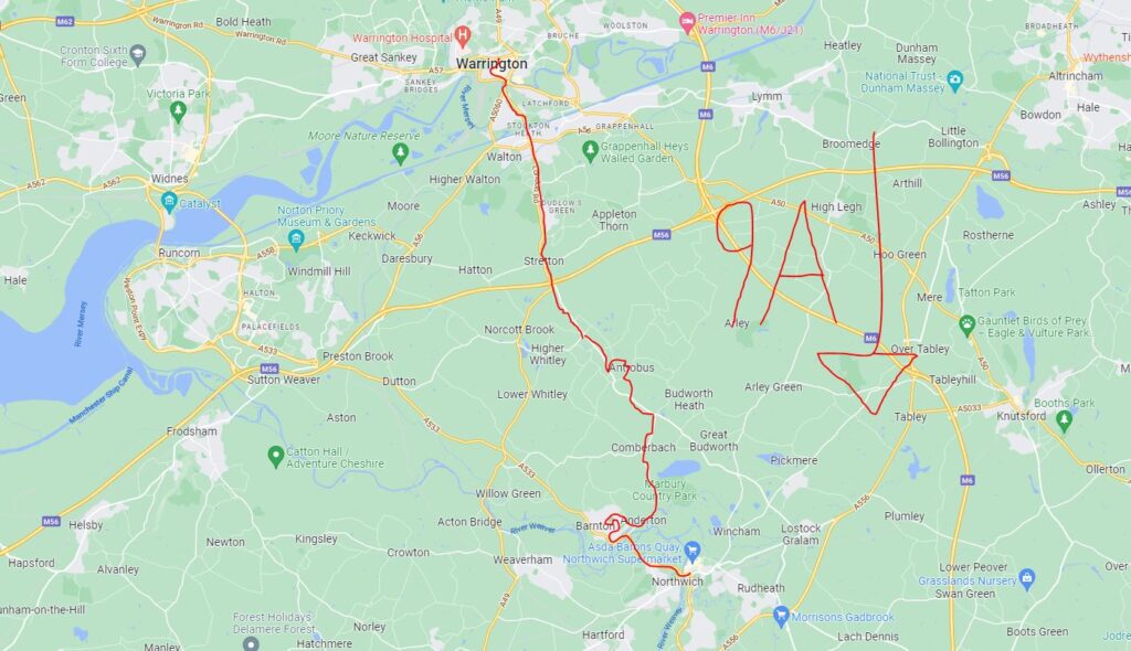 9A bus route map. Warrington to Northwich.