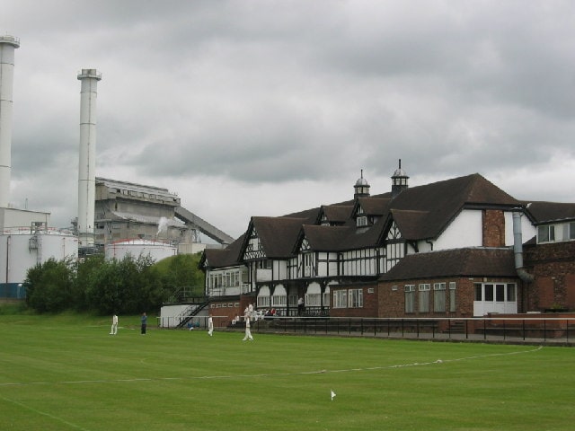 Winnington Recreation Club in Northwich. Tata Chemicals plant right next door. 

Original image copyright of Lizzie at https://www.geograph.org.uk/photo/17793