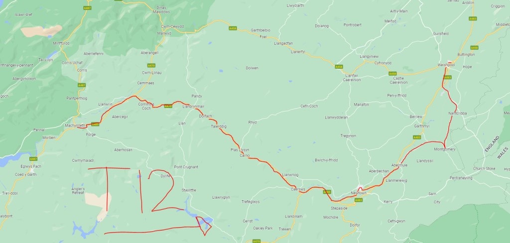 Bus route map of the T12 from Machynlleth to Welshpool. It carries on to Oswestry and Wrexham.