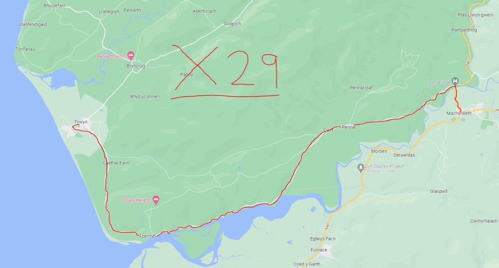 Route map of the X29 bus from Tywyn to Machynlleth.